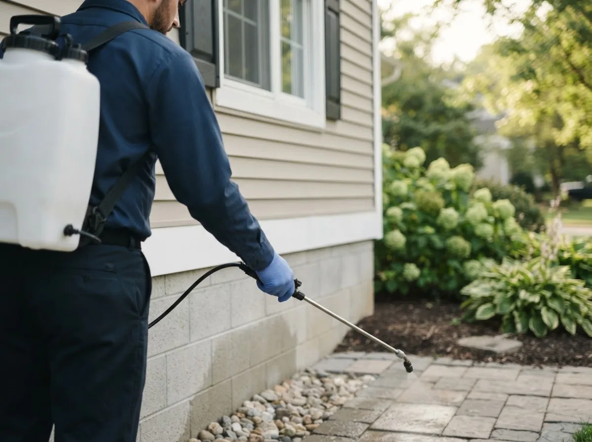Pest control technician inspecting a home in Triumph, IL
